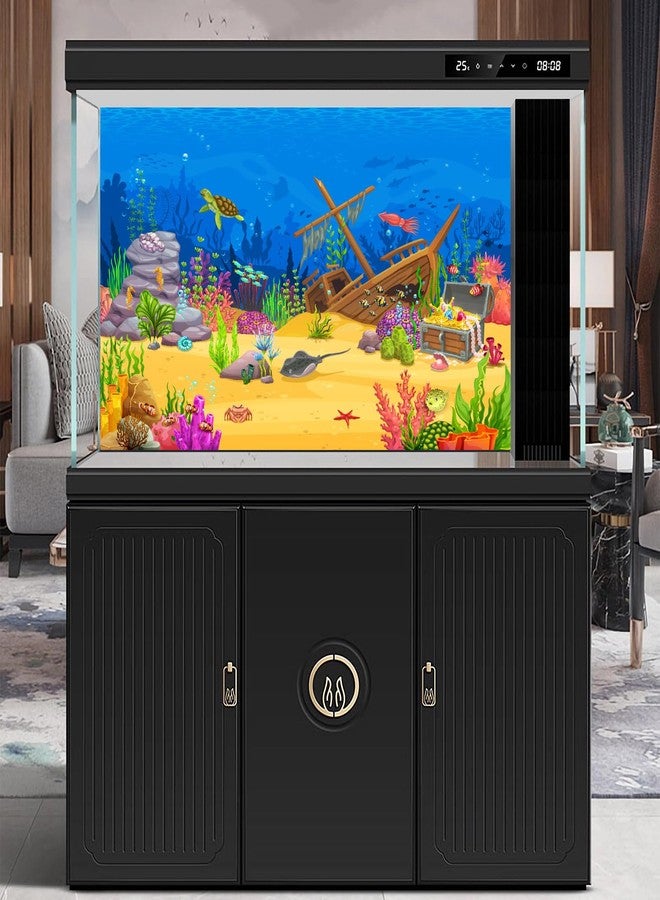 CaterRina Cartoon Underwater Landscape Aquarium Background Tropical Coral Reef Sunken Ship with Sea Animals Terrarium Background Deep Blue Ocean Fish Crab Treasure Chest Sea Turtle Fish Tank Backdrop 30x12in - Image 2